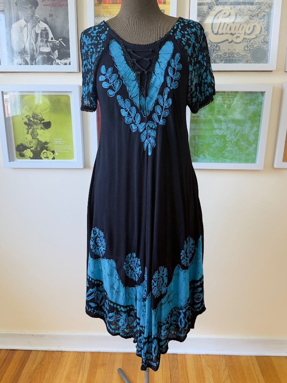 Vintage Black & Blue Embroidered Boho Midi Dress | Festival Fairy Grunge Lace-Up